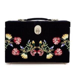 Wollf Zoe Large Indigo Multi-Floral Embroidered Velvet Jewelry Box Storage NWOT